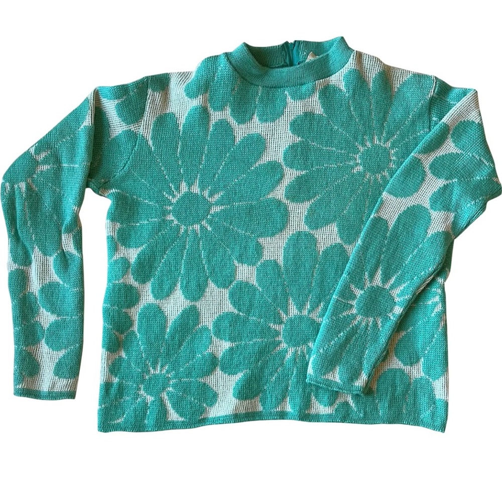 1960s Koret of California turquoise flower sweater - daisy sweater